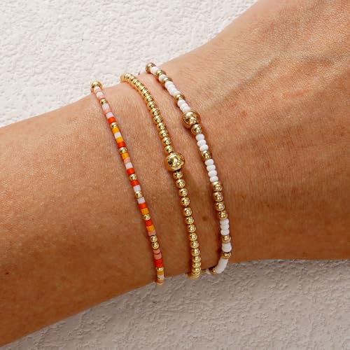 Dainty Gold Plated Tiny Ball Colorful Beaded Stack Bracelets Sets for Women,3Pcs Stackable Cute Bracelet Stretch Trendy Ball Jewelry Friendship Gift - color: Orange