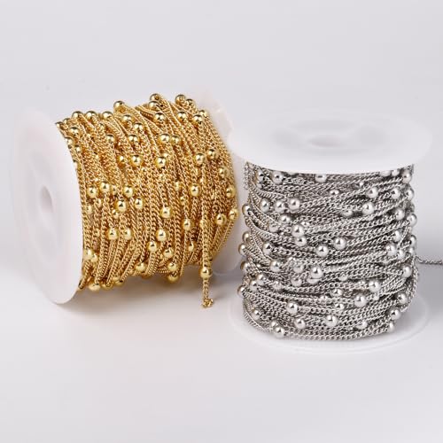33 Feet Stainless Steel Satellite Chains Roll, 2mm 304 Stainless Steel Ball Beaded Flat Twisted Links Curb Chains Spool Bulk for Jewelry Making DIY Craft - color: Stainless Steel Big Beads Satellite Curb Chain