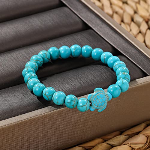 Turquoise Bracelet for Women, 8mm Beaded Stretchable Unisex Bracelet, Boho Turquoise Bead Bracelet Stone Beaded Bracelets Turquoise Jewelry for Women - color: Sea Turtle