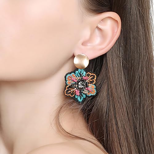 Boho Floral Embroidered Earrings with Colorful Bead Accents and Crystal Center for Women - color: Blue