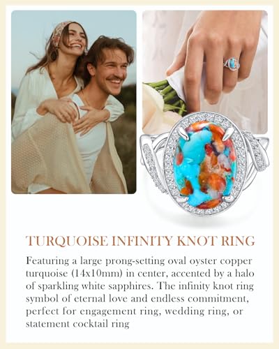 AIBAO 4-12 Ct Large Oval Engagement Rings for Women Natural Turquoise/Lapis Lazuli/Malachite Celtic/Infinity/Love Knot Halo Ring Size 6 to 10 Anniversary Christmas Valentines Gift - style: 4.6 Ct Orange Oyster Turquoise & Created White Sapphire