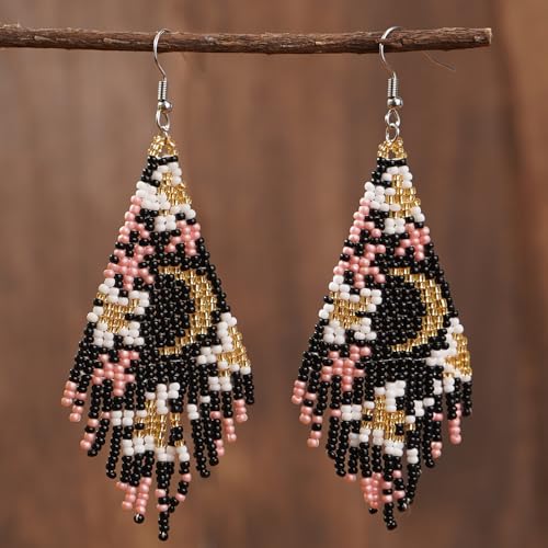 Flower Black Beaded Long Tassel Western Native American Earrings For Women Dangling - color: black pink