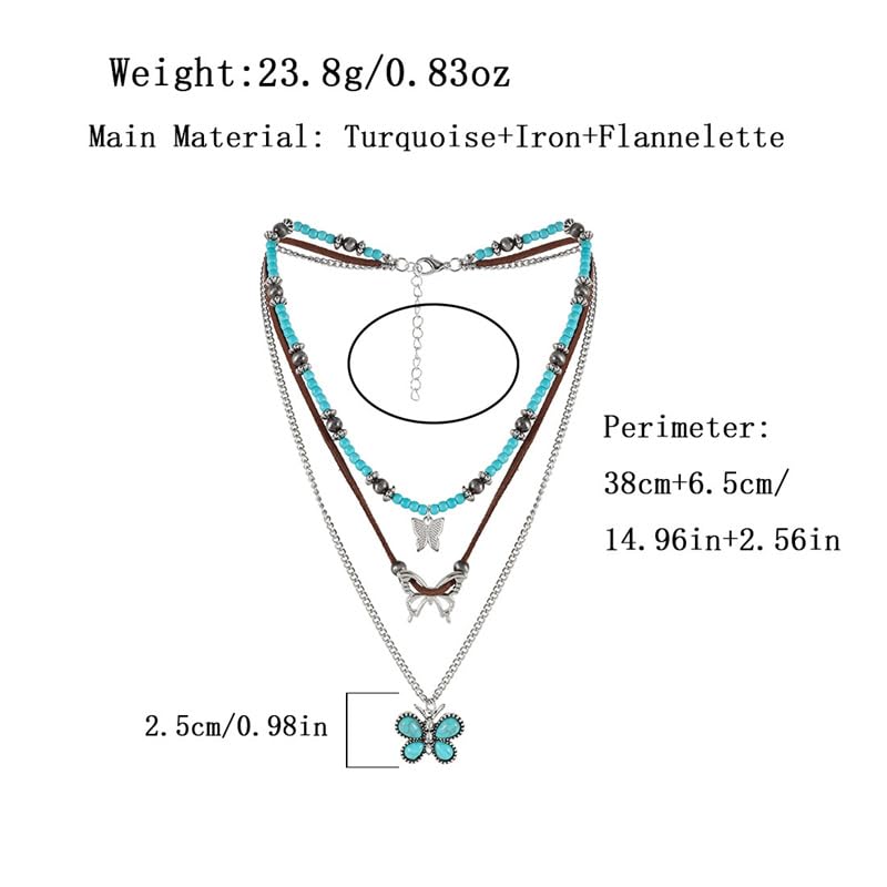 Pingyongchang Boho Layered Western Turquoise Necklaces for Women Vintage Stone Beaded Chokers Butterfly Catus Chain Country Concert Cowgirl Cowboy Jewelry Holiday Gifts - style: B Butterfly