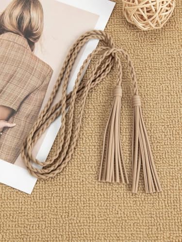 Women's Waist Belts Woven Tassels Chain Belt Skinny Rope Belt for Skirt Dress Boho Style - color: Kaki-1