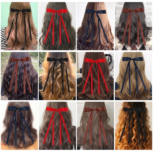 WORTL Hair Bows Clips Coquette Ribbon Bowknot with Long Tail Princess Hair Bows French Barrettes Hair Accessories for Women Girls 16PCS (Red, Brown, Dark Blue, Black) - color: Red, Brown, Dark Blue, Black