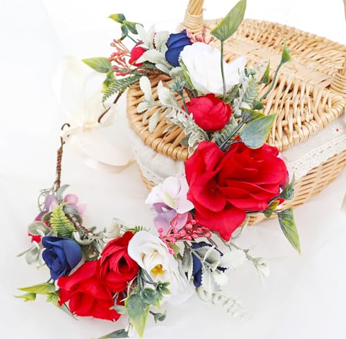 Vivivalue Wedding Floral Crown Women Flower Headband Hair Wreath Floral Headpiece Halo Boho with Ribbon Party Prom Festival Photos - color: D