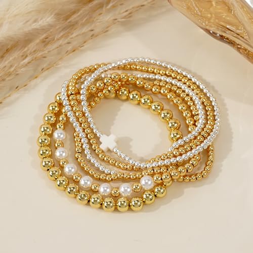 Silver Gold Beaded Bracelets for Women Stackable 14K Gold Plated Beads Ball Cross Bracelet Stack Non Tarnish Elastic Stretch Trendy Jewelry Christian Friendship Christmas Gifts for Women - color: 6pcs-White Cross