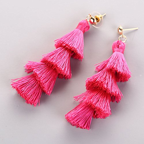 BaubleStar Tassel Earrings Handmade Tiered Thread Tassel Dangle Earrings, Multi Colors - color: Hot Pink
