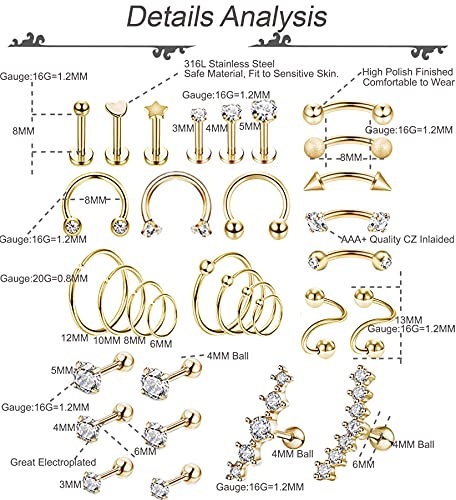 REVOLIA 32Pcs Stainless Steel Cartilage Stud Earrings for Women Conch Helix Tragus Daith Conch Hoop Earing Piercing Jewelry Set - color: Gold-tone