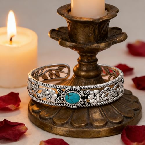 Genuine Turquoise Bracelet Cuff Bracelet for Women Mom 925 Sterling Silver Natural Turquoise Bangles Vintage Bracelet Boho Jewelry for Birthday Christmas Mother's Day Valentine's Day - style: Flower and Leaf
