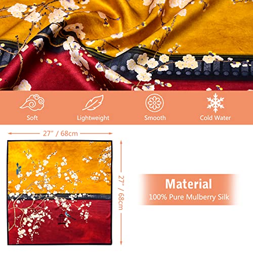 Stlvoll 100% Silk Head Scarf for Women - 27" Hair Scarves Satin Bandanas Square for Night Sleeping with Gift Packed - color: Red/Yellow/Flower