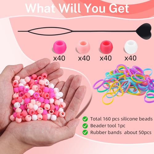 160Pcs 10mm Small Silicone Beads for Hair Braids, Soft Jellyish Pony Hair Beads with 5mm Hole + 50 Rubber Bands and 1 Beader for Braiding, DIY Bracelets Necklaces Crafts (Pink) - color: Pink Mix-160Pcs