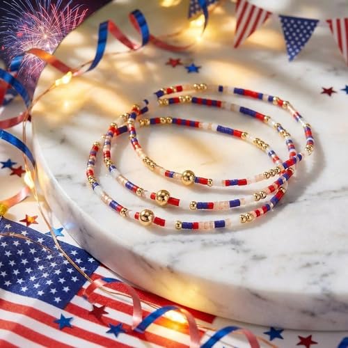 Dainty Gold Plated Tiny Ball Colorful Beaded Stack Bracelets Sets for Women,3Pcs Stackable Cute Bracelet Stretch Trendy Ball Jewelry Friendship Gift - color: 4th Of July