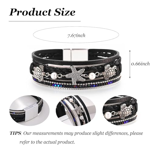 Long tiantian Boho Leather Wrap Bracelets Western Bracelets for Women Stackable Starfish Crystal Pearl Turquoise Leather Bracelet With Clasp Jewelry Gifts Boho Dresses - color: B4:BLACK Bracelet
