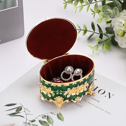 Hipiwe Vintage Jewelry Box Oval Trinket Display Case with Rose Pattern Decorative Green Treasure Box Ring Holder for Women - color: Green