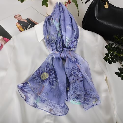 100% Mulberry Silk Women's Neck Silk Scarf-Lightweight Shawl,FLoral Print Beach Silk Wrap-Scarves for Photography - color: Blue