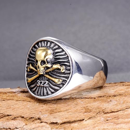 322 Skull and Bones Ring The Order of Death Titanium Steel The Eulogian Club Gothic Elite Heritage Biker Jewelry for Men - color: Gold