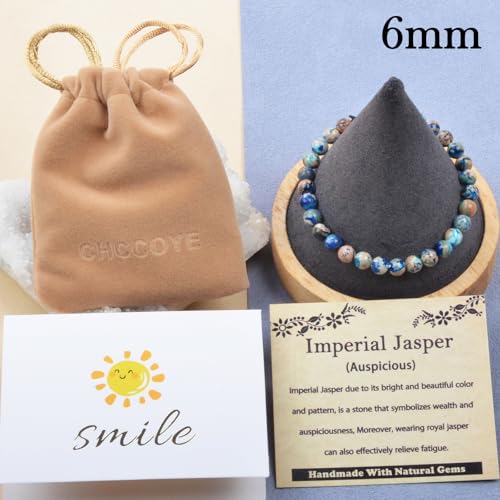 468Handmade Adjustable Natural Gemstone Crystal Bracelet Healing Power Energy Inspirational Gifts with Card for Unisex - color: 11-Imperial Jasper (Auspicious), size: 6mm