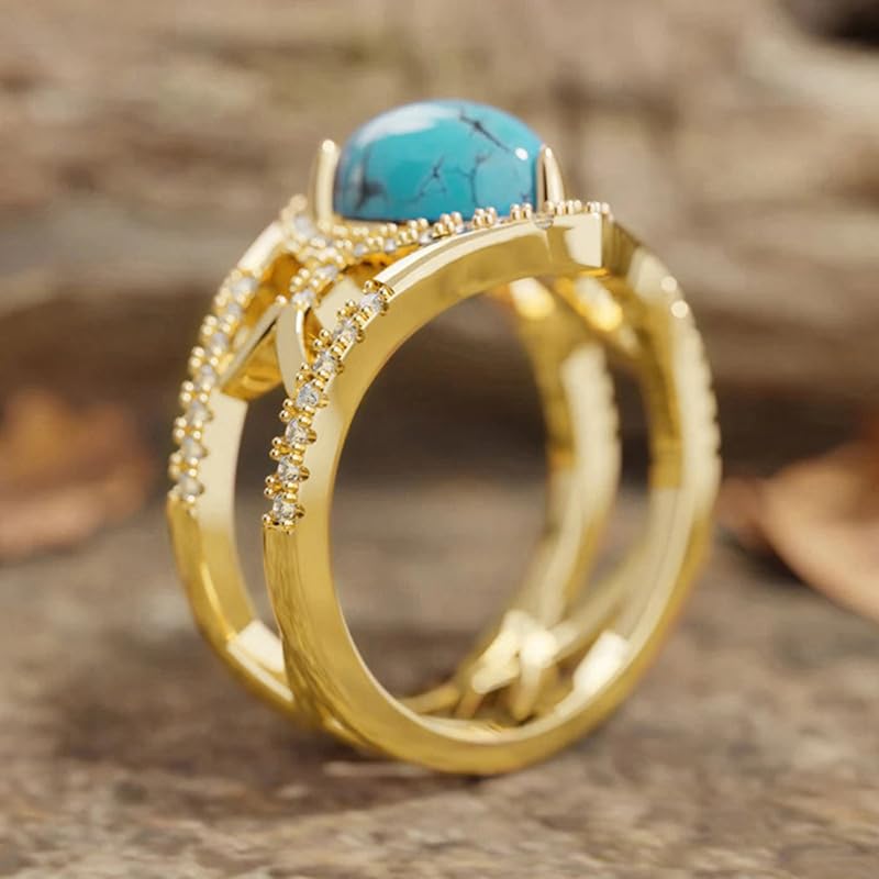 Hsitgexf Water Drop Pear Shaped 14k Gold Plated Blue Turquoise CZ Ring,Retro Boho Chic Jewelry Statement Birthstone Ring Anniversary Wedding Rings for Women Size 6-10（10） - size: US Size 10