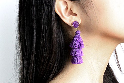 Me&Hz Colorful Layered Tassel Earrings Bohemian Statement Tiered Tassel Big Dangle Drop Earrings for Women Druzy Studs Valentine’s Day Gift - color: Purple