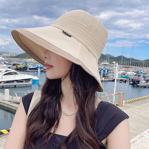 Women Sun Hats Wide Brim Summer Beach Fishing Hats Foldable UV Protection Cap - color: Beige