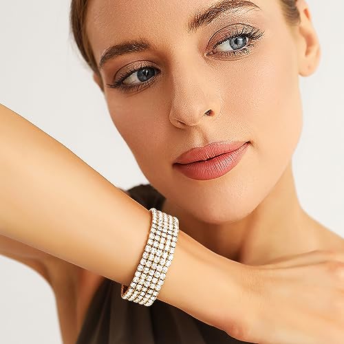 Zealmer Sparkle Multicolor Rhinestone Stackable Stretch Bracelets for Women - color: 5 Row Gold Bracelet