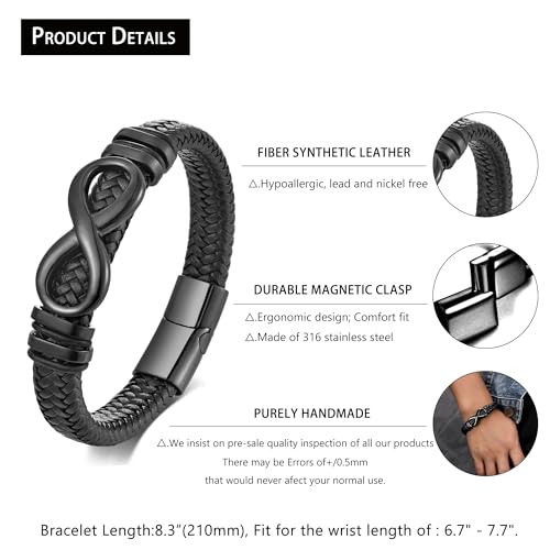 Men's Leather Infinity Bracelet Stainless Steel Number 8 Wristband Cuff Bangle Bracelets Gifts for Men, 8.3 & 9.1 inches - color: 01.Single-layers leather & black infinity, size: 8.3inch(Fits most wrists.)
