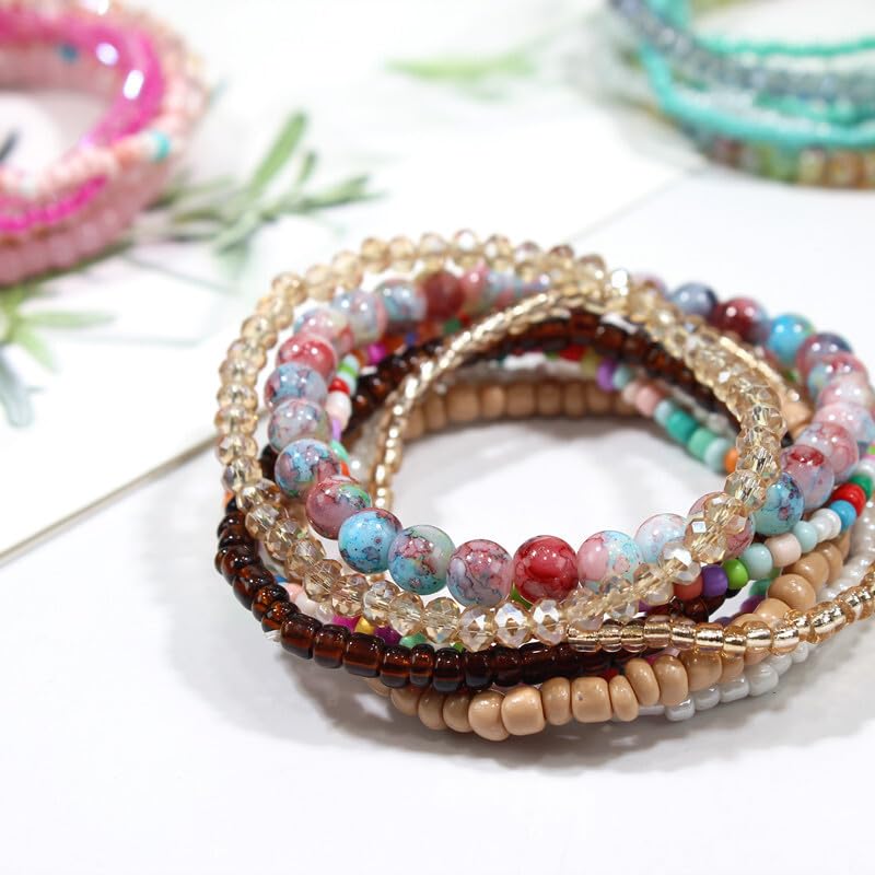 Pingyongchang Boho Colorful Beads Stackable Bracelets Set for Women Handmade Multicolor Seed Crystal Layered Stretch Bracelets Retro Country Holiday Beach Trendy Jewelry Gifts - color: Brown