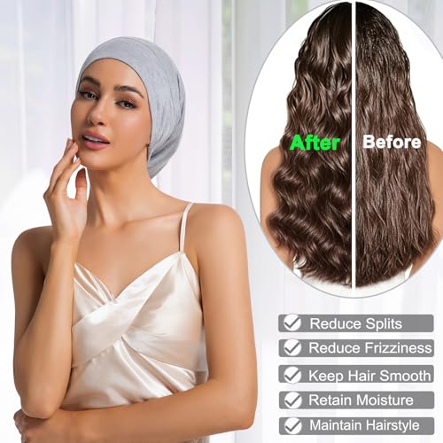 Sleep Cap Bonnet for Sleeping Black Women Men, Adjustable Cooling Lining Bonnets for Curly Hair Wrap Braids Beanie Night Hat - color: 2pcs (Black+light Gray)-large, style: Large