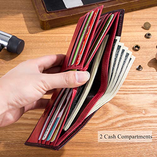 BULLCAPTAIN RFID Wallets for Men,Genuine Leather Wallet QB-05（Crimson ） | Slim,Bifold,Front Pocket Wallet, 2 ID Windows,11 Card Slots,RFID Blocking TechnologyGift Choice - color: Crimson