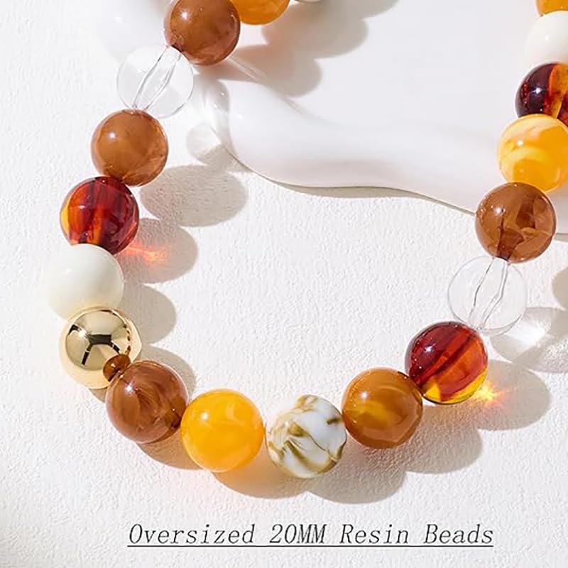 Dopamine Colorful Beaded Chunky Necklace for Women, Gold Large Round Resin Bold Beads Summer Boho Beach Vacation Jewelry - color: Brown