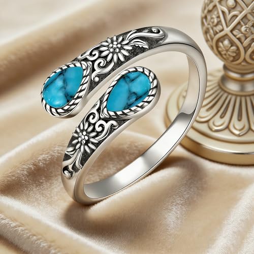 Adjustable Thumb Rings for Women Vintage Moonstone Obsidian Turquoise, Spoon Style Adjustable Ring Gift for Her, Sister, Mom – Natural Gemstone Jewelry - style: Turquoise Flower Ring