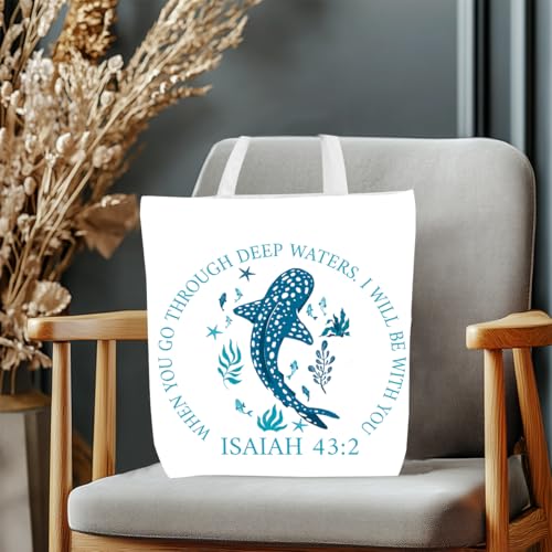Floral Beach Whale Shark Gifts Jellyfish Christian Canvas Tote Bag for Work Totes for Women Christmas Bible - color: Isaiah02 180
