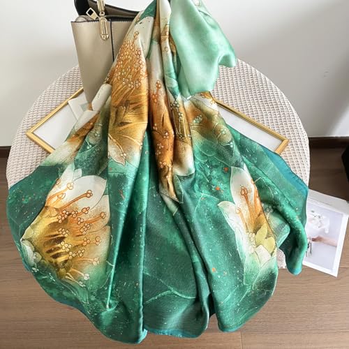 Long Silk Like Scarf Lightweight Satin Scarves Large Sunscreen Shawl Wrap for Women - color: 004.big Flowers Green