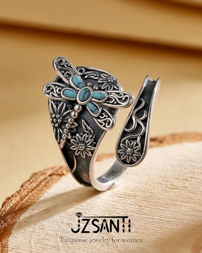 Turquoise Jewelry for Women - Sterling Silver Turquoise Rings Vintage Adjustable Sunflower Dragonfly Butterfly Spoon Ring Victorian Style Boho Antique Flower Thumb Statement Rings Jewelry Gifts for Women - color: Turquoise & Dragonfly