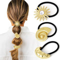 3PCS Gold Hair Ties, Metal Hair Ties for Thick Hair, Gold Ponytail Cuff Elegant Durable Geometric Design, Hair Accessories for Women, Stretchy & Non Damage Ponytail Holders with Pendant Holiday Gifts - color: Gold Set 08