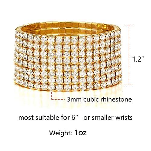 Zealmer Sparkle Multicolor Rhinestone Stackable Stretch Bracelets for Women - color: 8 Row Gold