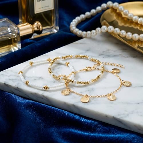 Gold White Beads Shell Pendant Layered Anklet Set for Women, Boho Handmade 3Pcs Golden Beaded Pearl Anklets Summer Beach Ocean Accessories Jewelry Gift