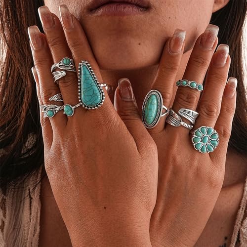 Western Jewelry Set for Women Bohemian Turquoise Layered Pendant Necklace Vintage Western Boho Turquoise Earring Leather Bracelet Ring Set Country Cowgirl Accessories Jewelry - style: 12 PCS Western Jewelry