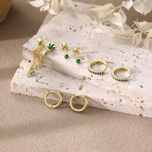 7Pcs Earring Stacks Cartilage Helix Flat Back Hoop Set For Women Stud Small Huggie Chain Multiple Piercing 14K Gold Plated Jewelry Triple Cubic Zirconia - color: 14K Gold Plated (Emerald), size: Flat Back