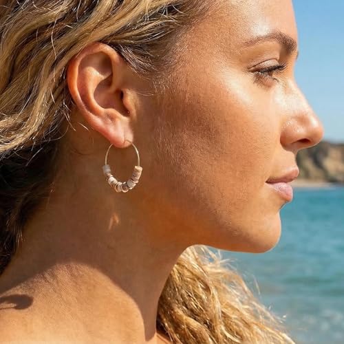 Natural Stone Beaded Hoop Earrings for Women, Boho Handmade Lightweight Hypoallergenic Trendy Summer Beach Accessories Fashion Jewelry Gift - color: beige