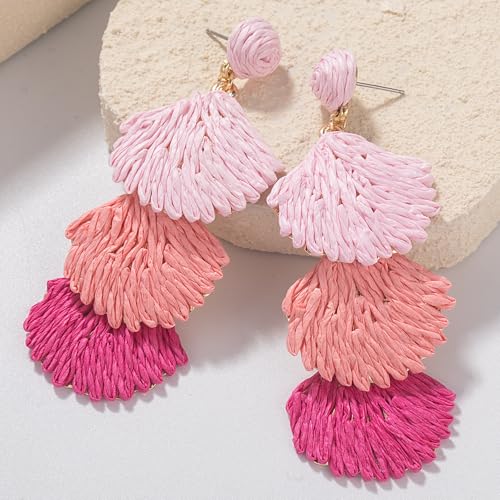 Boho Raffia Earrings Starfish Shell Seashell Dangle Drop Earrings Cute Statemnet Trendy Jewelry Summer Beach Outfits for Women - color: Pink, size: Shell