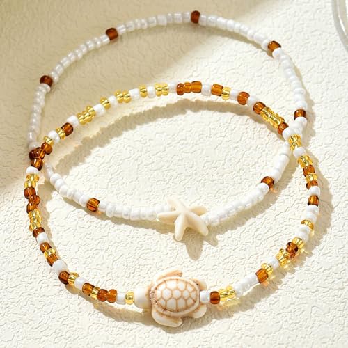 Qceasiy Shell Ankle Bracelet Set for Women, Gold Plated Boho Bead Adjustable Anklet, Hawaiian Beach Seashell Pearl Heart Starfish Conch Foot Jewelry Gifts - color: Turtle 2Pcs