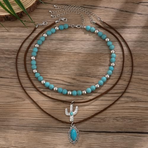 Fuqimanman2020 Boho Layered Western Necklaces for Women Cowgirl Cactus Turquoise Beaded Ox-head Hat Pendant Country Concert Jewelry - color: C
