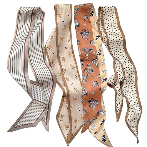 4/40 Pcs Hair Scarf for Women, 35"x2.36" Lightweight Silk Headband, Purse & Bag Scarves Gift Collection - color: Khaki