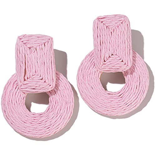 Statement Raffia Earrings Cute Boho Earrings Rattan Dangle Earrings Handmade Straw Wrap Earrings Summer Drop Dangling Earrings for Women Teen Girls - color: Pink