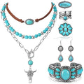 Ecally Bohemian Western Jewelry Turquoise Set Women Country Pendant Long Choker Layered Bracelets Earrings Ring for Women - color: Turquoise, style: Stylish