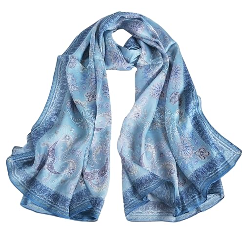 100% Mulberry Silk Women's Neck Silk Scarf-Lightweight Shawl,FLoral Print Beach Silk Wrap-Scarves for Photography - color: Grey Blue