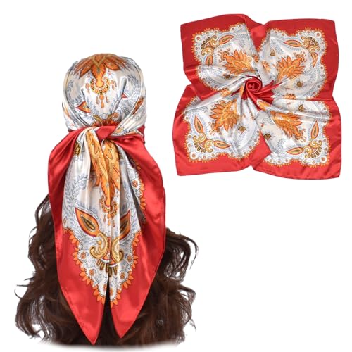 35 x 35 Women's Fashion Pattern Large Square Silk Like Hair Scarf Head Sleeping Wrap Satin Neck Bandana for Gift… - color: Garland Cashew Nuts-red