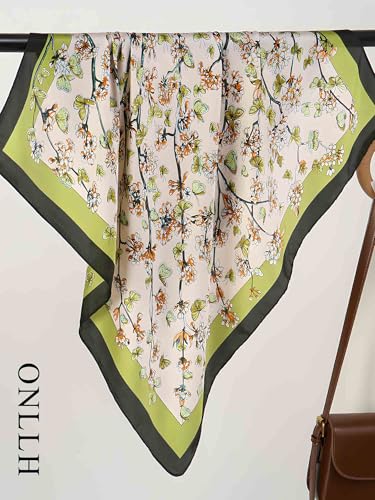 100% Mulberry Silk Scarf for Women Hair Lightweight Square Neckerchief Wrap For Head Scarves 21" - color: 13-green Floret /21"*21"